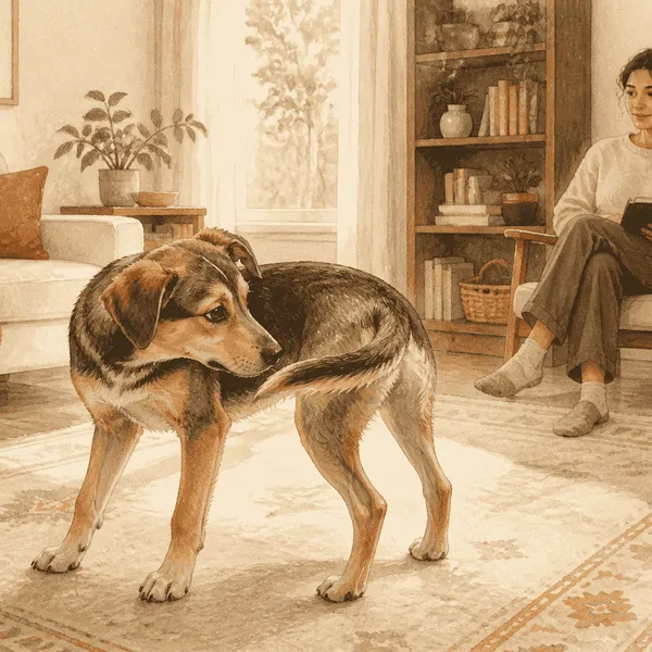 A young mixed-breed dog pauses beside a seated caregiver in a clear living room and looks toward its tail without biting it.