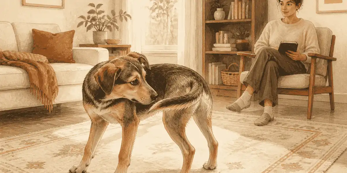A young mixed-breed dog pauses beside a seated caregiver in a clear living room and looks toward its tail without biting it.
