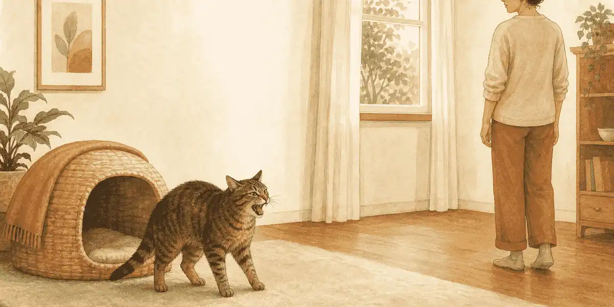 An adult tabby cat hisses from beside an open retreat while a caregiver pauses and leaves a clear path away.