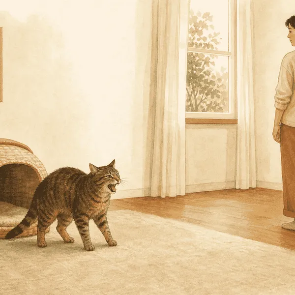 An adult tabby cat hisses from beside an open retreat while a caregiver pauses and leaves a clear path away.