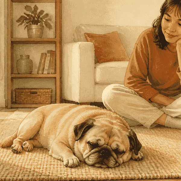 A flat-faced dog rests on a warm paper-colored rug while a caregiver observes quietly from nearby.