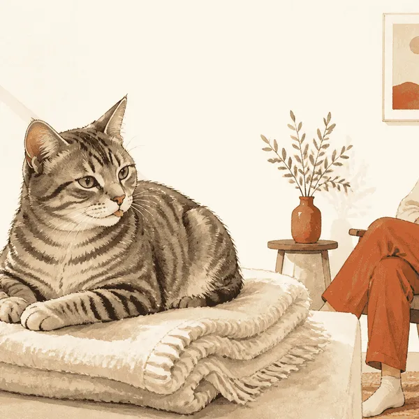 A gray tabby cat rests beside a folded cream blanket after grooming while a caregiver watches from a nearby chair.