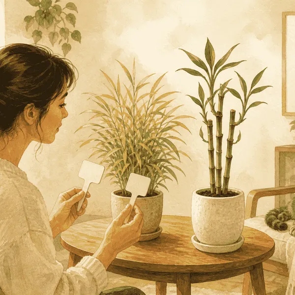 A gray tabby cat watches from a chair while a caregiver compares labels on a potted golden bamboo and a lucky bamboo plant.