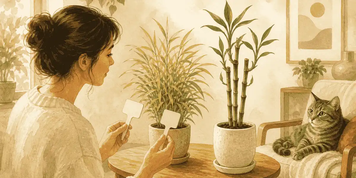 A gray tabby cat watches from a chair while a caregiver compares labels on a potted golden bamboo and a lucky bamboo plant.