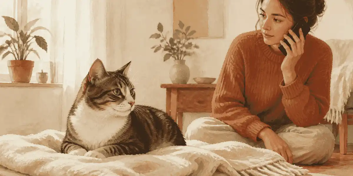 A caregiver pauses beside a cat resting on a quiet blanket while reaching for a phone to call a veterinarian.