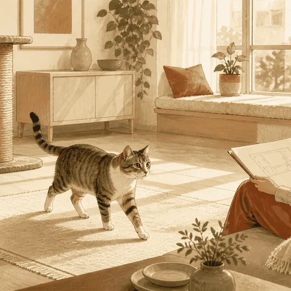 A small adult cat explores a calm room with a low resting nook, a stable scratching post, and a caregiver's planning notes.
