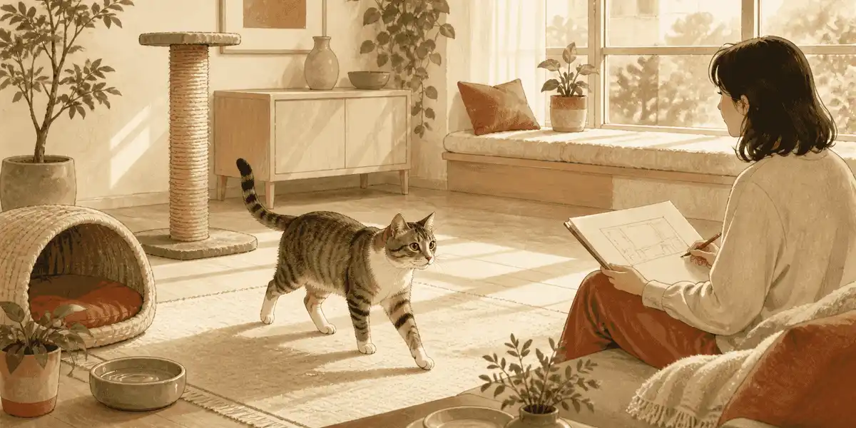A small adult cat explores a calm room with a low resting nook, a stable scratching post, and a caregiver's planning notes.