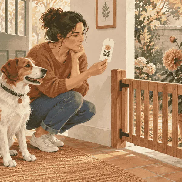 A caregiver checks a dahlia plant label while a dog waits behind a low indoor gate.