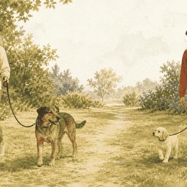 Adult brown dog and small cream puppy walking several feet apart with two handlers in a quiet grassy area.