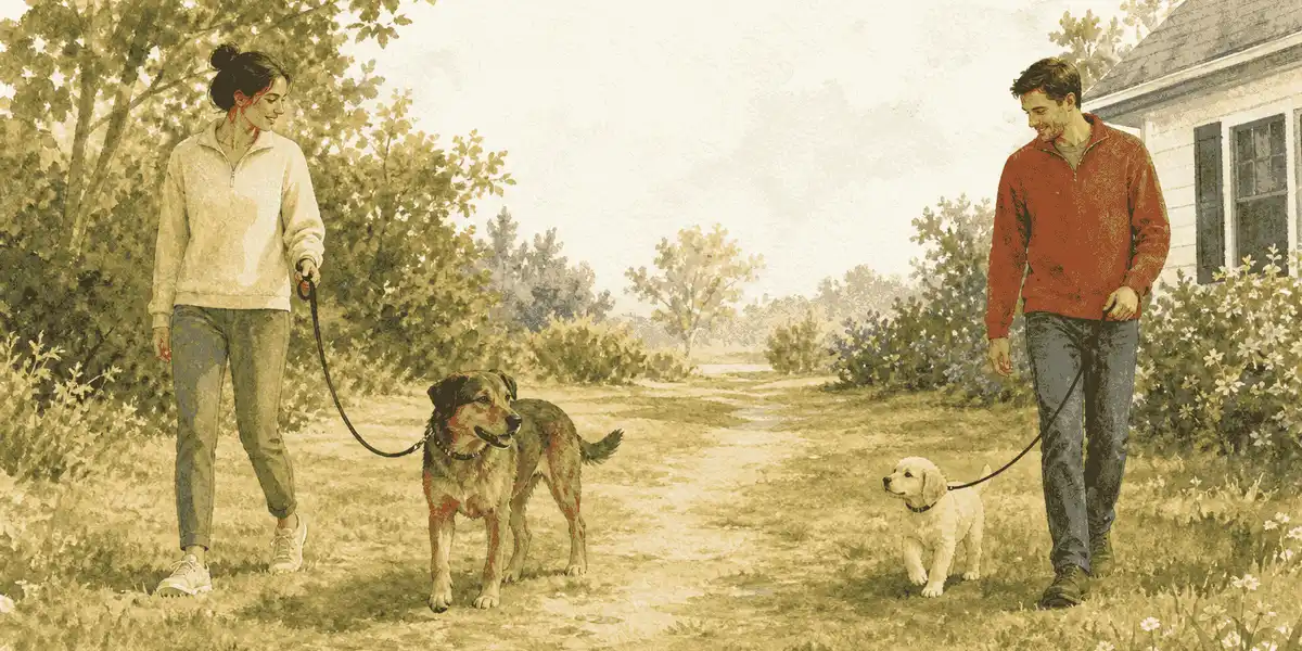 Adult brown dog and small cream puppy walking several feet apart with two handlers in a quiet grassy area.
