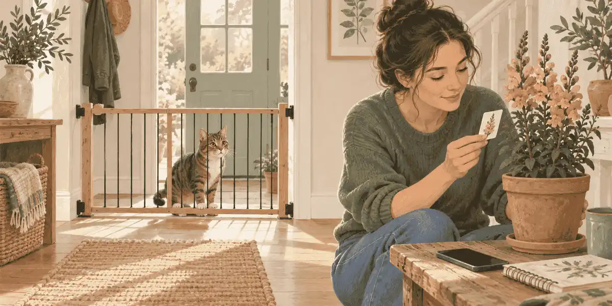 A cat watches from behind a low barrier while a caregiver checks a snapdragon plant label beside a phone and notebook.