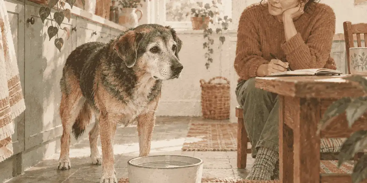 An older dog stands beside a clean water bowl while a caregiver records an observation at a kitchen table.