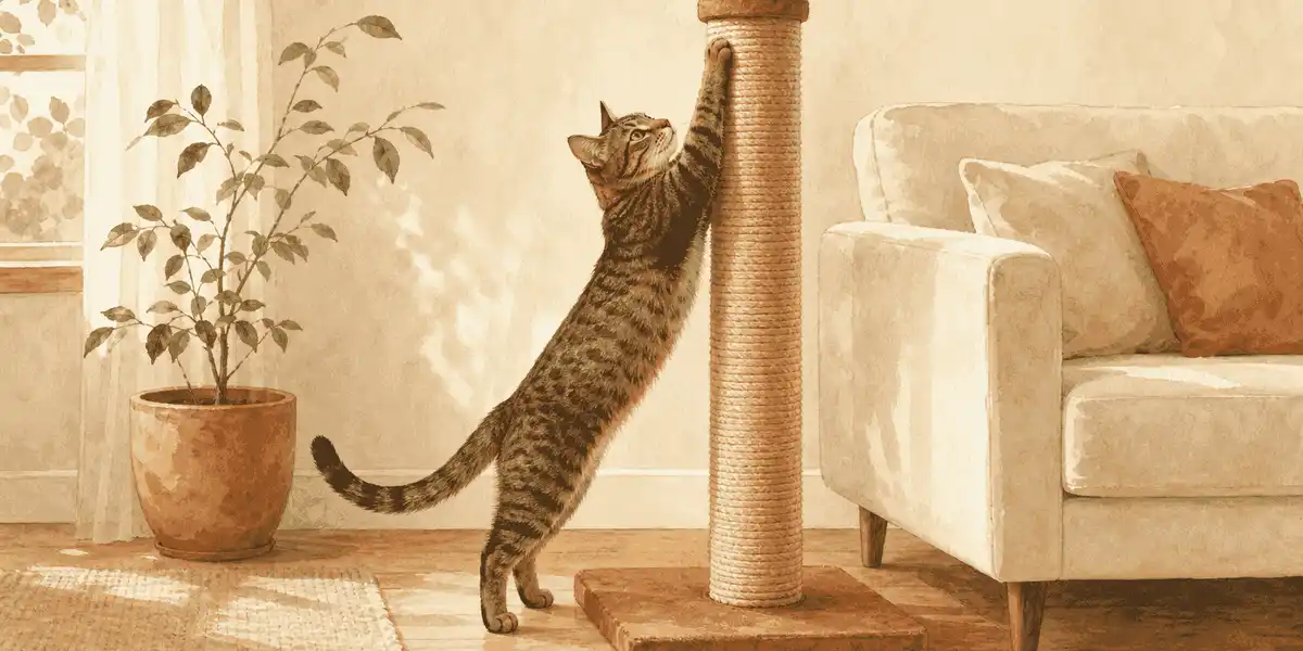 A tabby cat stretches against a tall, stable scratching post beside a cream sofa.