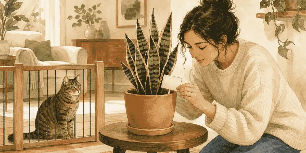 A tabby cat waits behind a low gate while a caregiver checks the label on a potted snake plant.