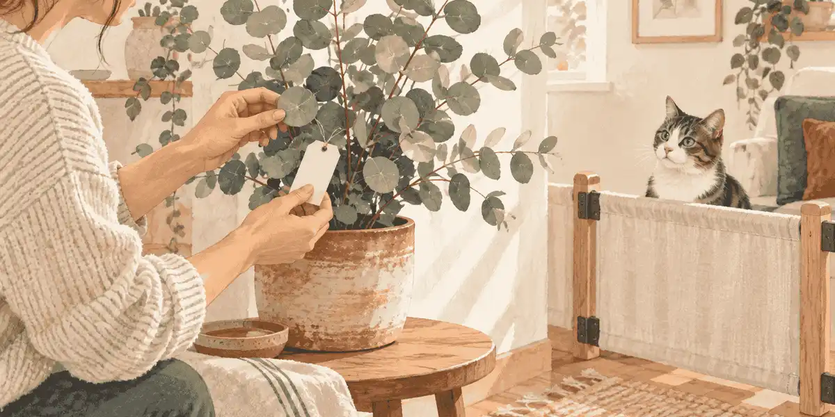 A caregiver checks a eucalyptus plant label while a cat watches from behind a low indoor barrier.
