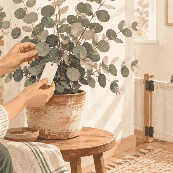 A caregiver checks a eucalyptus plant label while a cat watches from behind a low indoor barrier.