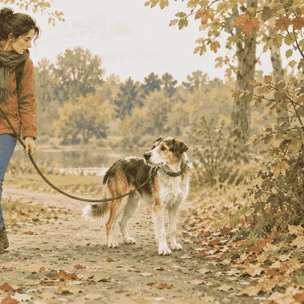 A mixed-breed dog pauses on a leafy path as a caregiver creates distance from an indistinct object on the ground.