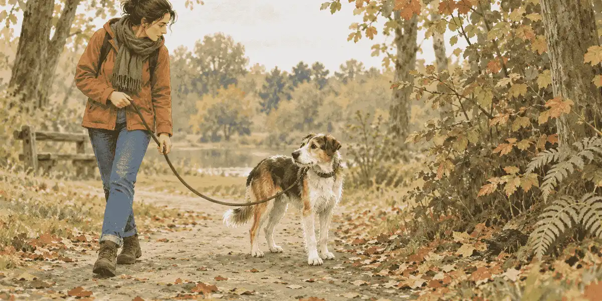 A mixed-breed dog pauses on a leafy path as a caregiver creates distance from an indistinct object on the ground.
