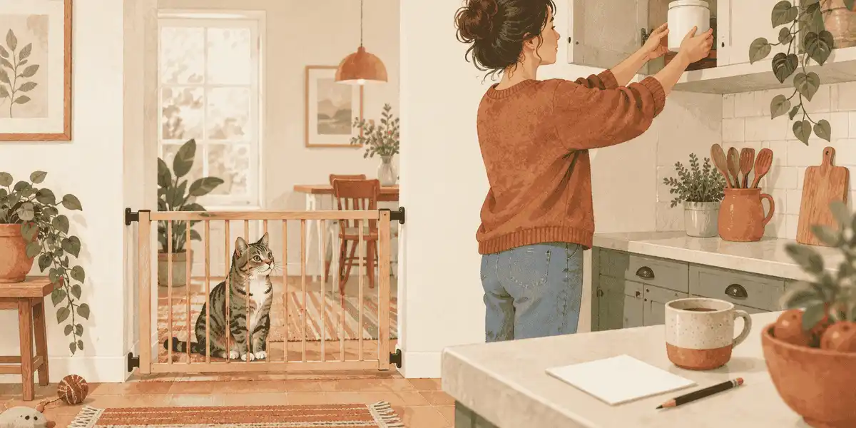 A caregiver checks a plain baking-soda container on a high shelf while a tabby cat waits behind a low indoor gate.