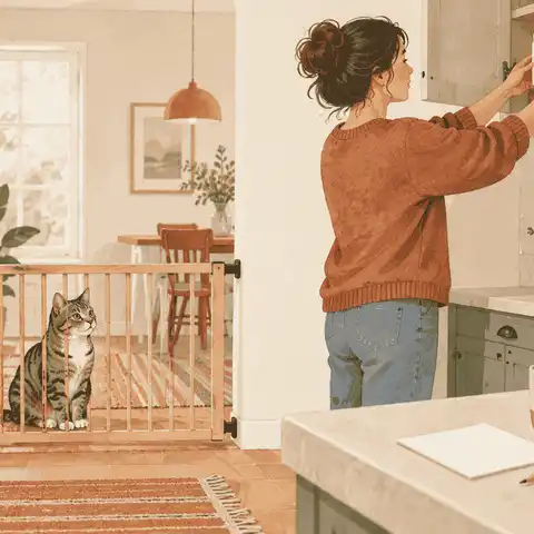 A caregiver checks a plain baking-soda container on a high shelf while a tabby cat waits behind a low indoor gate.