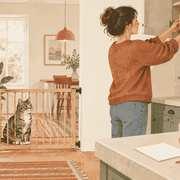 A caregiver checks a plain baking-soda container on a high shelf while a tabby cat waits behind a low indoor gate.