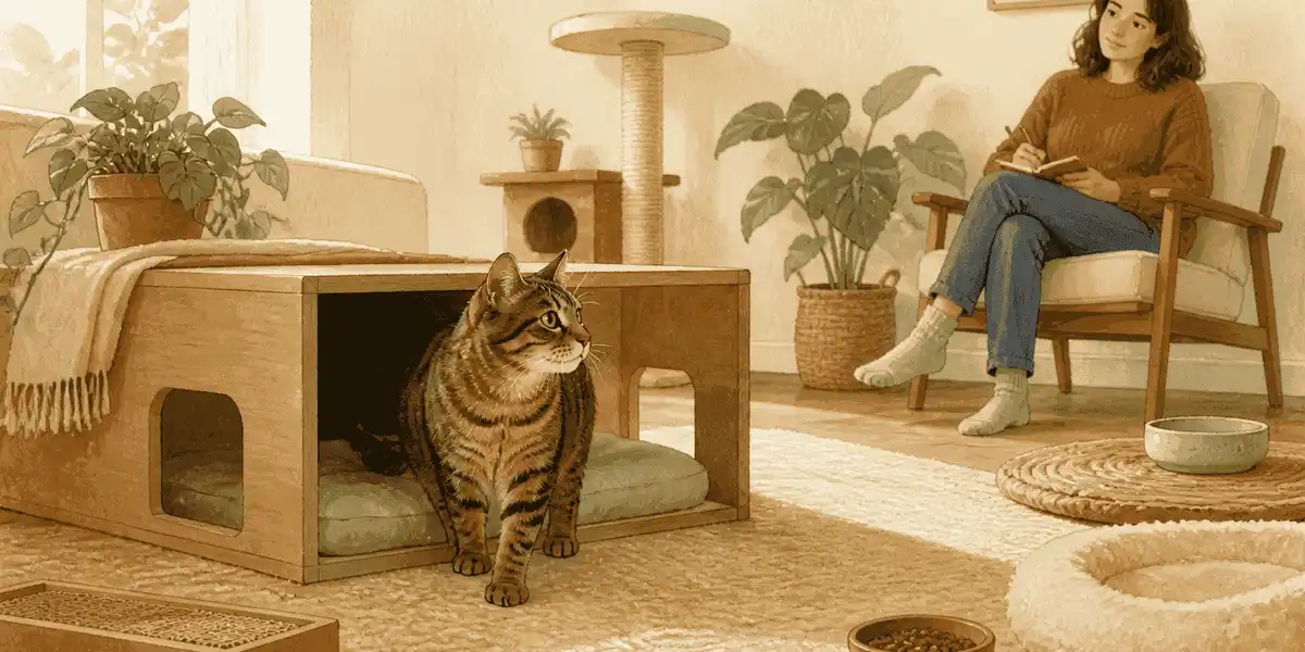 A tabby cat sits between a quiet retreat and separated home resources while a caregiver records observations from a respectful distance.