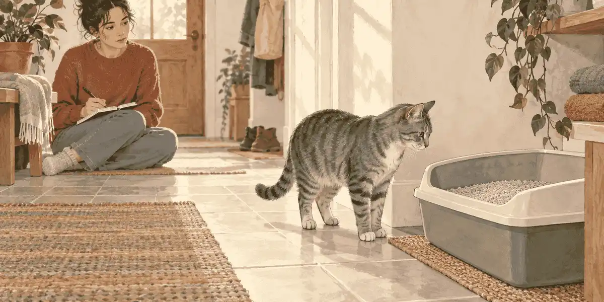 A gray tabby pauses beside an open litter box while a caregiver writes a calm observation note.