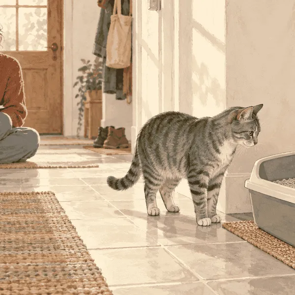 A gray tabby pauses beside an open litter box while a caregiver writes a calm observation note.