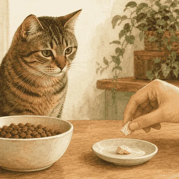 A tabby cat watches a caregiver check a small plain cooked morsel beside the cat's regular food bowl.