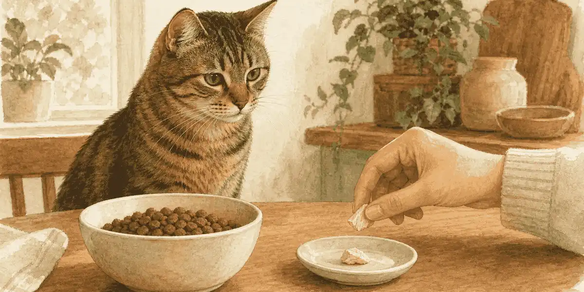 A tabby cat watches a caregiver check a small plain cooked morsel beside the cat's regular food bowl.