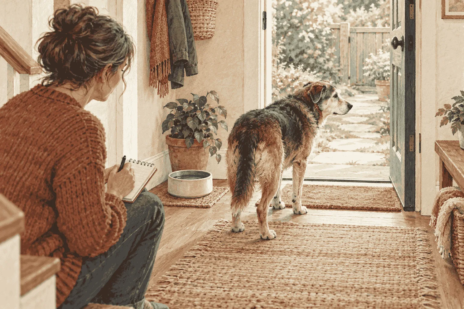 An older dog pauses beside a water bowl while a caregiver writes down the dog's usual pattern and today's observation.