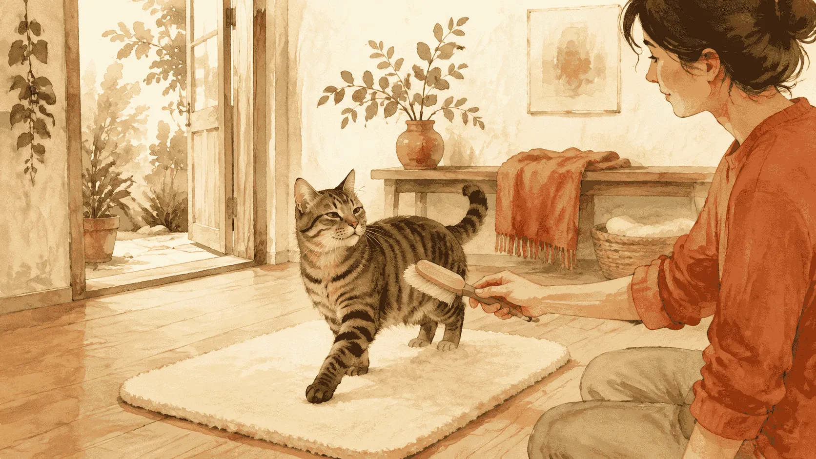 A tabby cat investigates a soft brush beside an open carrier while a caregiver keeps a clear path to leave.