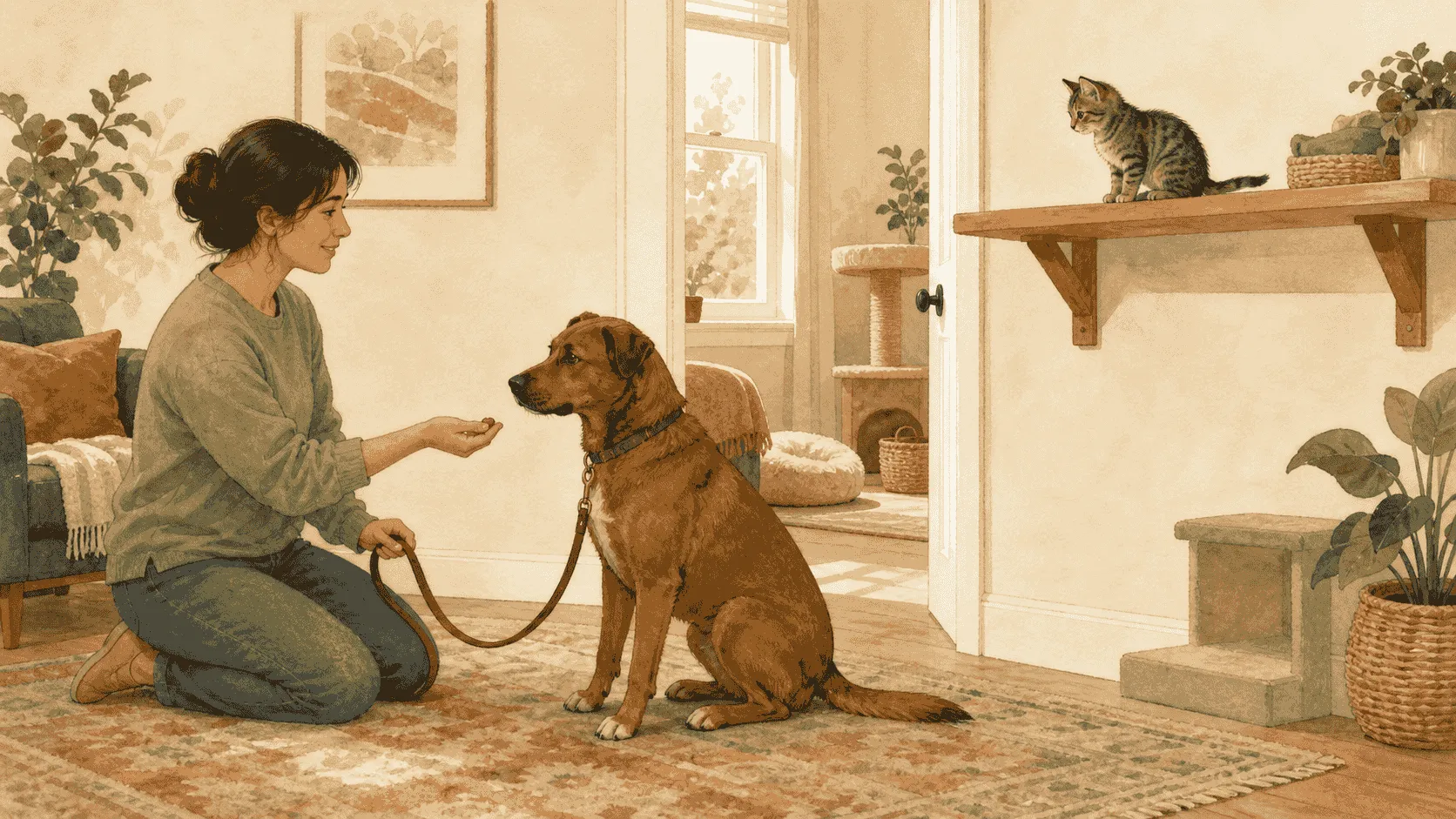A handler rewards a seated brown dog while a tabby kitten watches from a high shelf across the room.