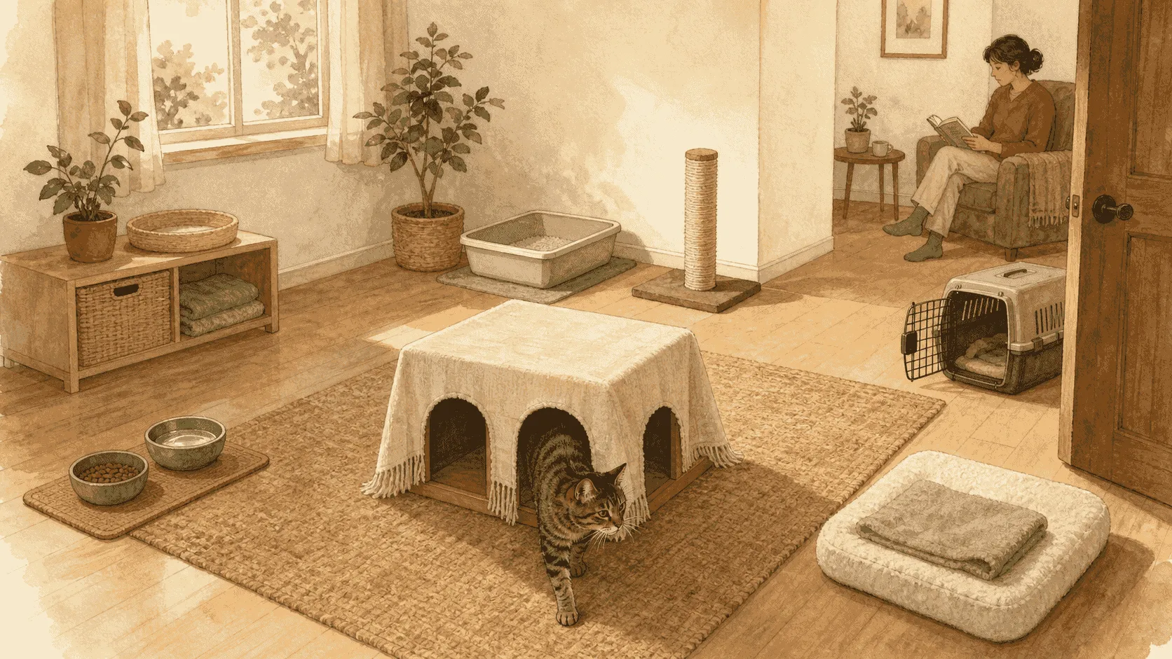 A tabby steps from a covered two-route retreat toward separated water, litter, scratching, and resting areas while a caregiver sits quietly across the room.