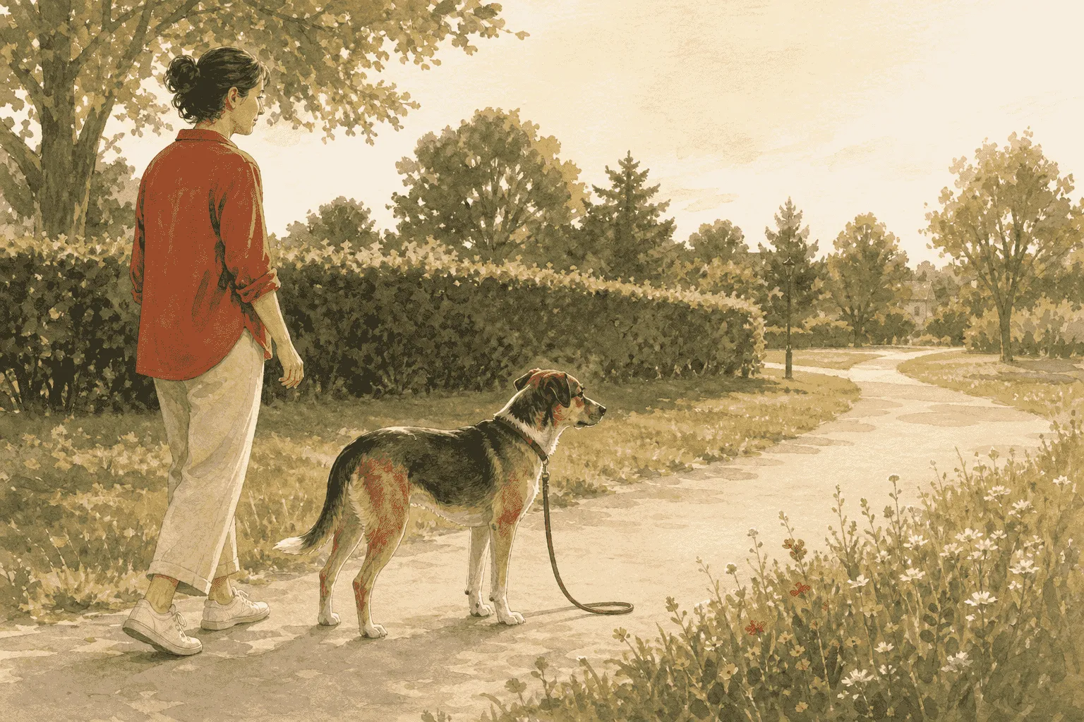 A mixed-breed dog turns toward a quiet open path while a caregiver steps back and keeps a relaxed lead.