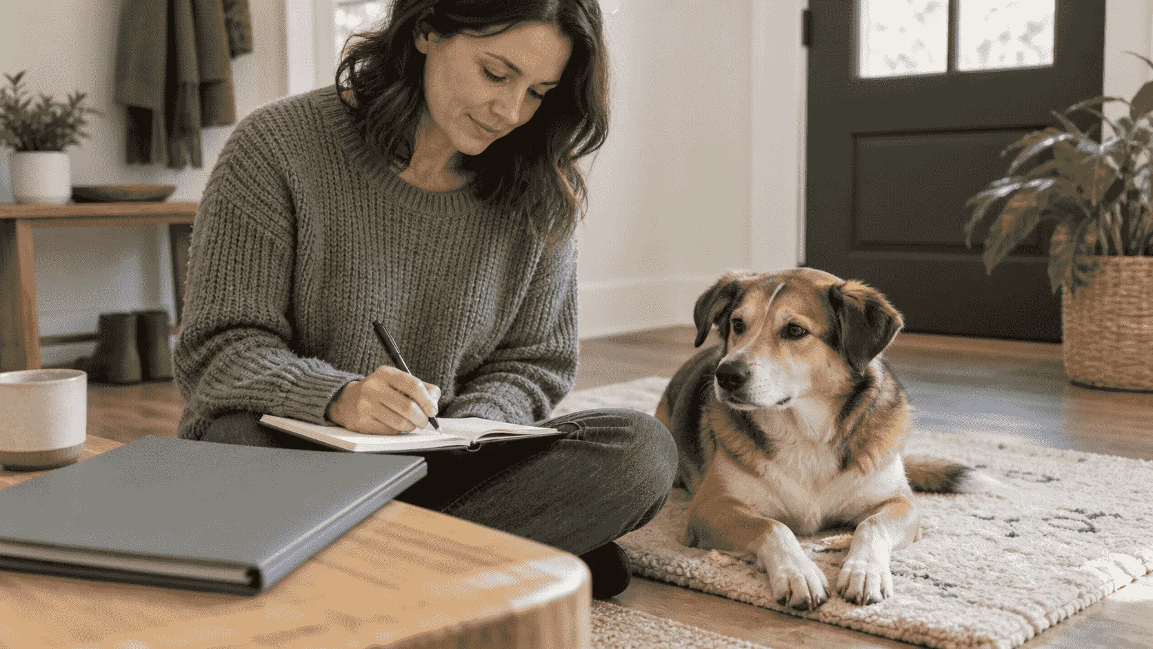 A dog owner pauses beside a calm dog and writes a new mouth change on a veterinary note while an unbranded policy folder stays closed nearby.