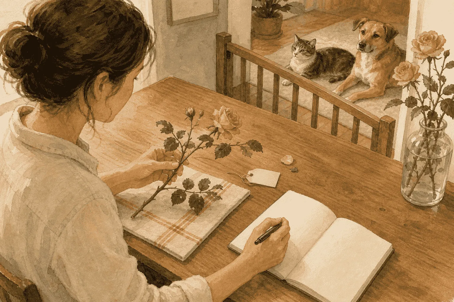 A caregiver records a rose label and the amount of plant material missing while a relaxed cat and dog wait behind a low indoor gate.