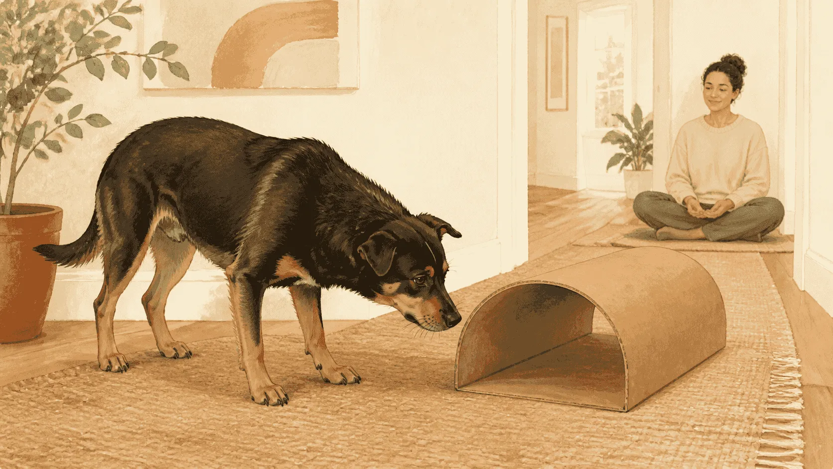 A dog sniffs a low cardboard tunnel while a caregiver gives it space to explore.