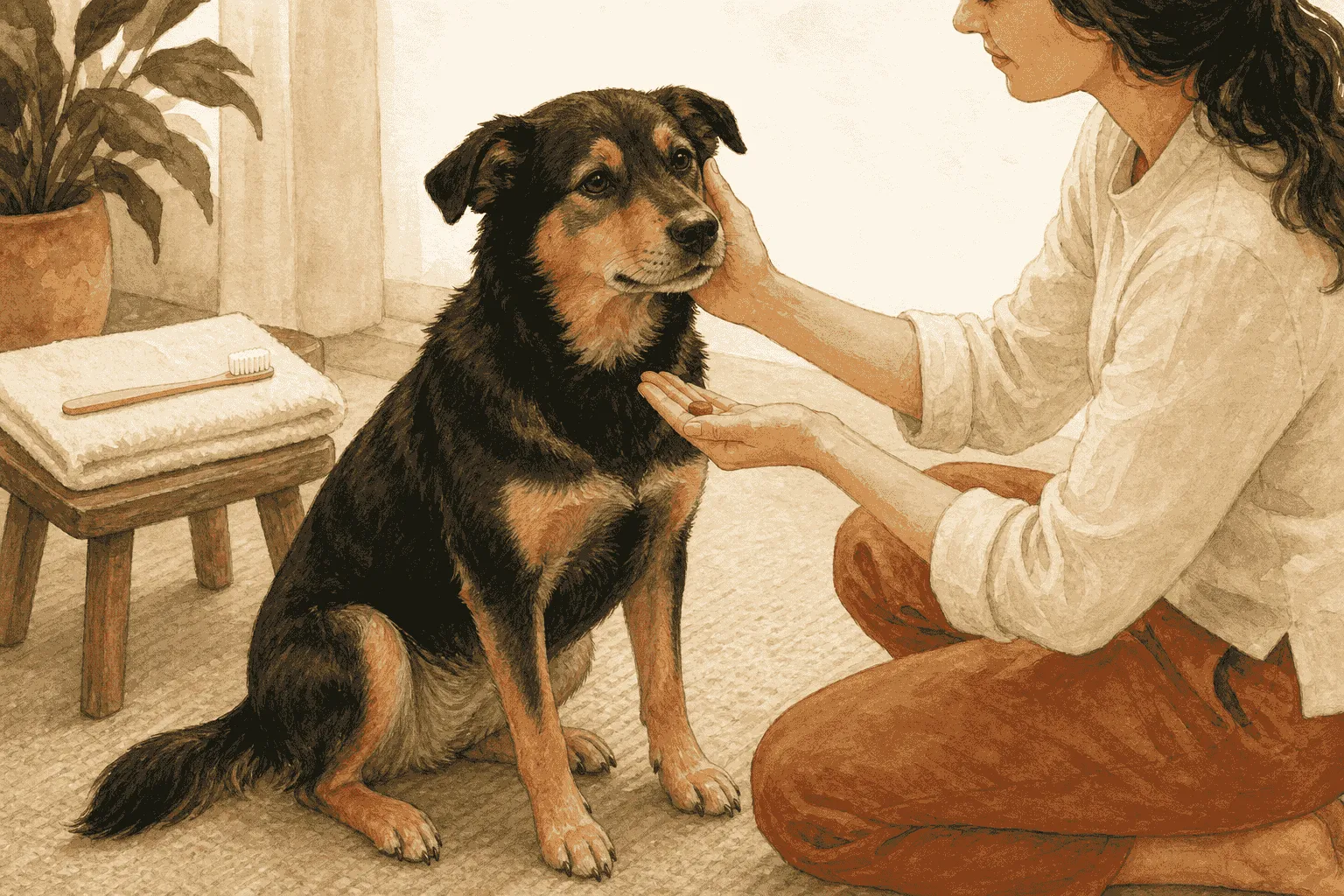 A caregiver rewards a calm dog after one brief cheek touch while a toothbrush rests nearby on a folded towel.