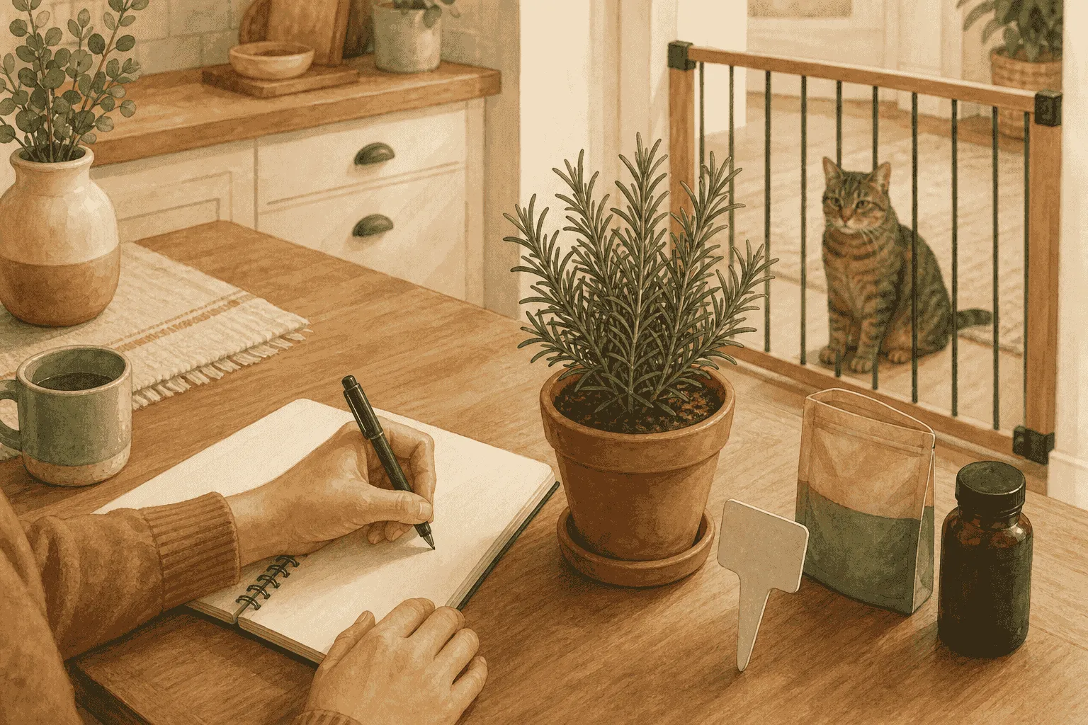 A caregiver checks a rosemary plant label while a tabby cat waits behind a low indoor gate, with a plain kitchen packet closed and out of reach.