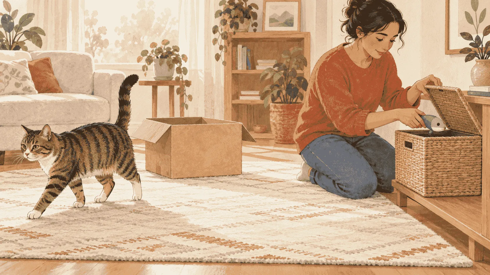 A caregiver leaves an open cardboard box clear for a tabby cat to enter and exit while loose packing materials stay in a closed storage basket.