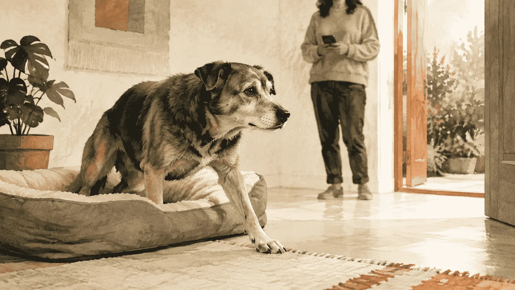 An older dog walks a familiar hallway past a padded bed while a caregiver records a brief ordinary movement clip from a clear distance.