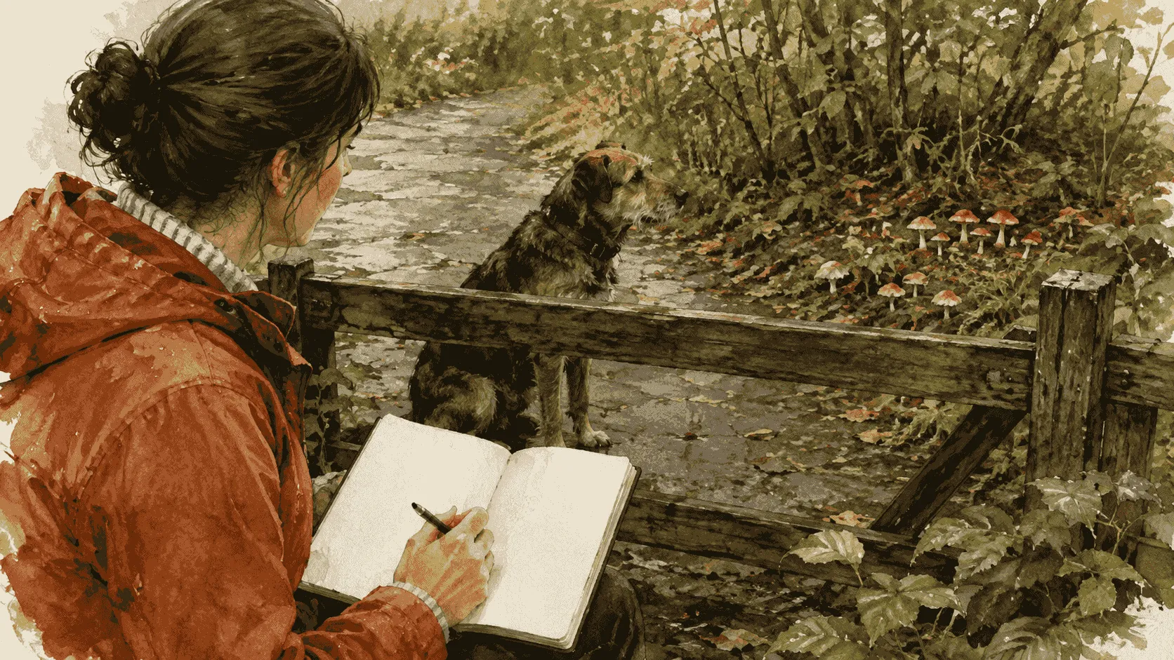 A caregiver writes down the time beside a damp garden path while a dog waits behind a low barrier and mushrooms remain out of reach.