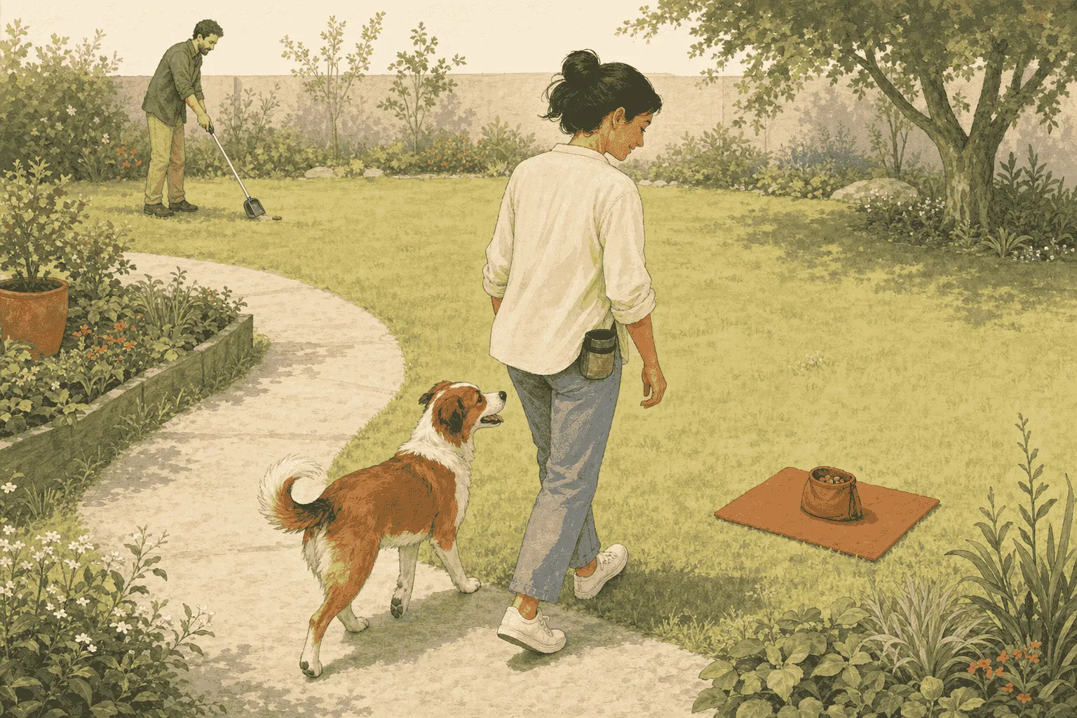 A mixed-breed dog follows a caregiver toward a reward station while another adult removes waste from a clean garden in the background.