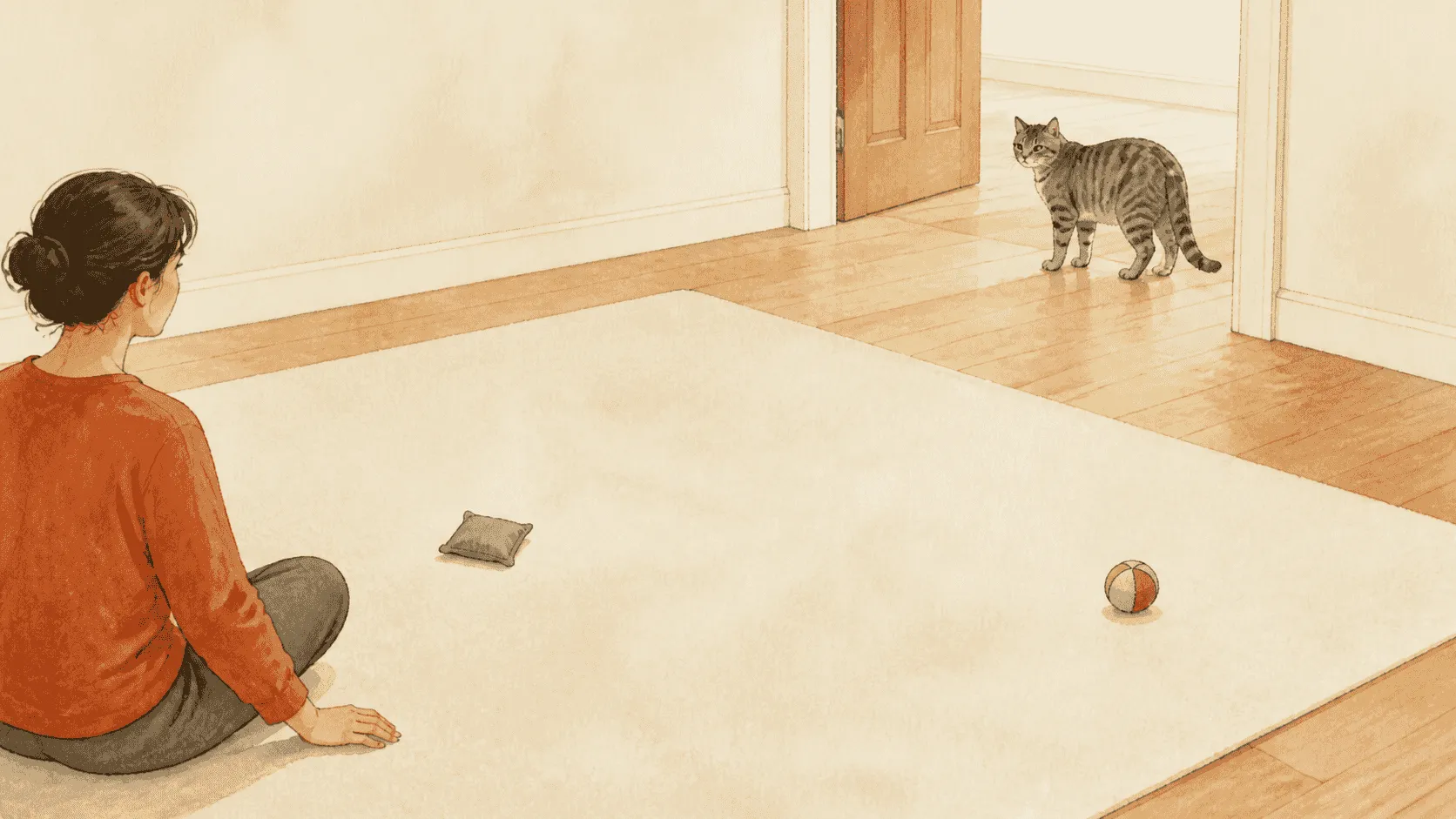 A caregiver sets a small fabric catnip pouch beside a wand toy on a clear cream mat while a tabby cat chooses the distance.