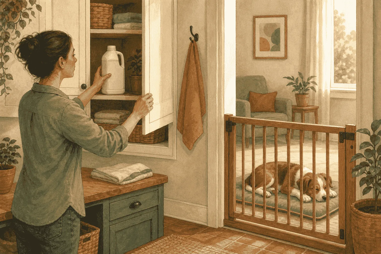 A caregiver stores an original cleaner container in a high cabinet while a young puppy rests behind a closed baby gate in another room.