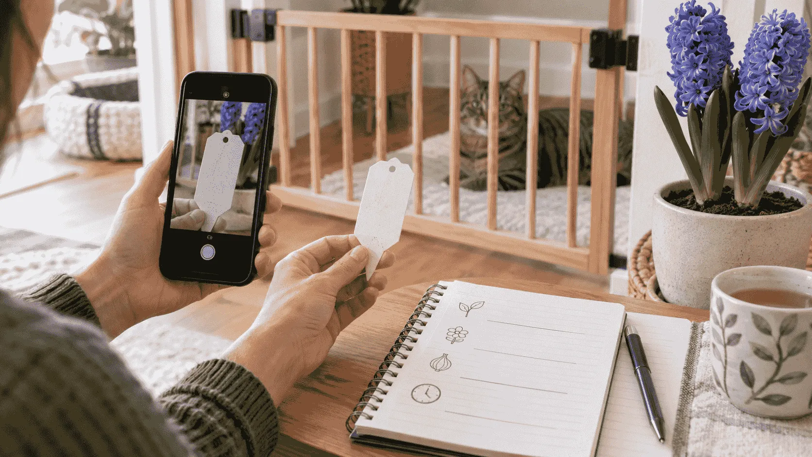 A caregiver photographs a hyacinth plant label while a tabby cat rests safely behind a low gate with a notebook open nearby.