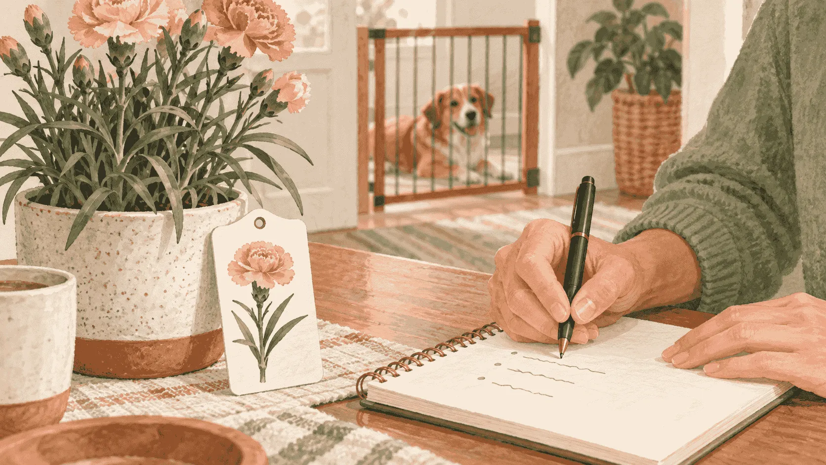A caregiver writes down a possible carnation exposure beside the plant label while a calm dog waits behind an indoor gate.