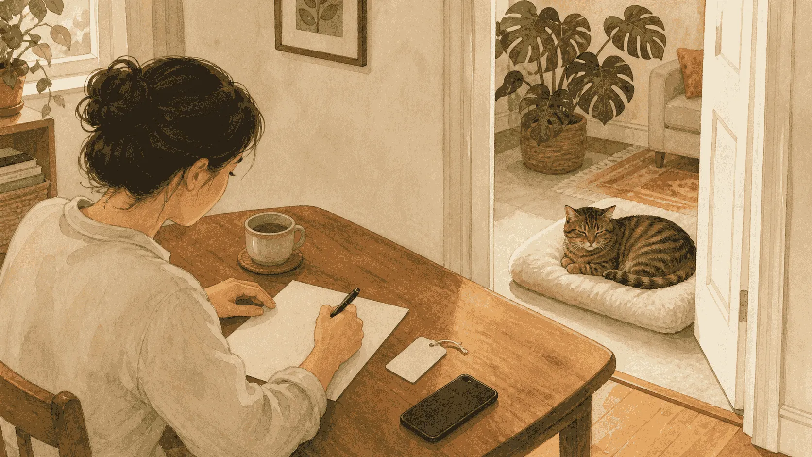 A caregiver writes an exposure note beside a blank nursery tag and a face-down phone while a tabby rests near an open doorway, with a Monstera in the adjoining room.