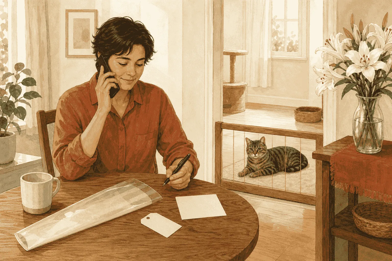 A caregiver talks on the phone and takes notes beside a florist sleeve while a tabby cat rests behind a low gate and white lilies stand outside the cat's room.